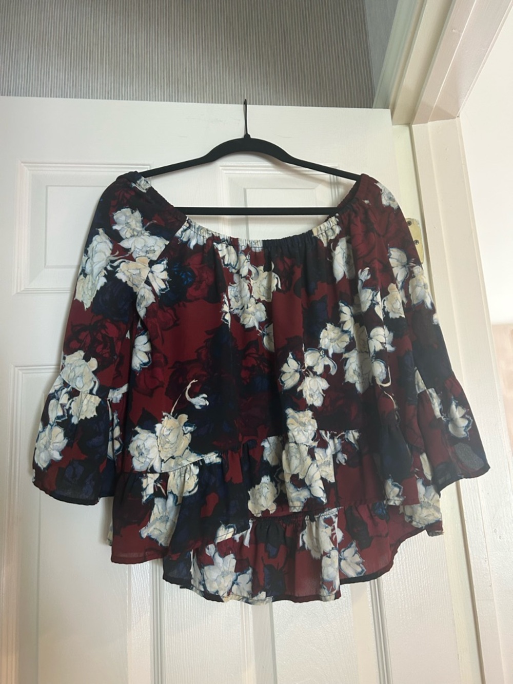 Eight Sixty Burgundy Floral Off-the-Shoulder Ruffle Blouse
